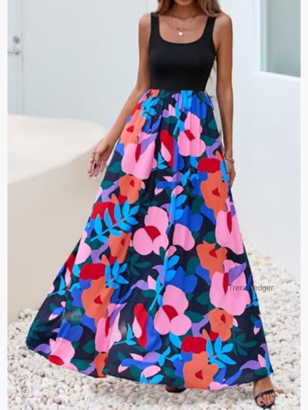 Boho Floral Maxi Dress Sleeveless Scoop Neck A-Line Flowy Summer Sundress with - Picture 6 of 7